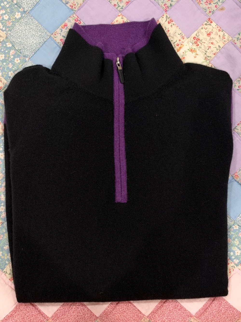 Kinross Cashmere Black and Violet 1/4 zip Sweater